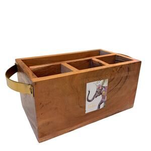 Wooden Utensil Caddy w/ Gold Toned Metal Handles Handcrafted in India 10x6 NEW